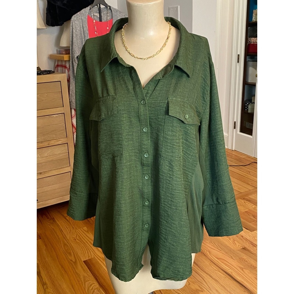 Cavalini Womens Plus 3X Forest Green Slub Knit Ribbed Side Utility Button Shirt
